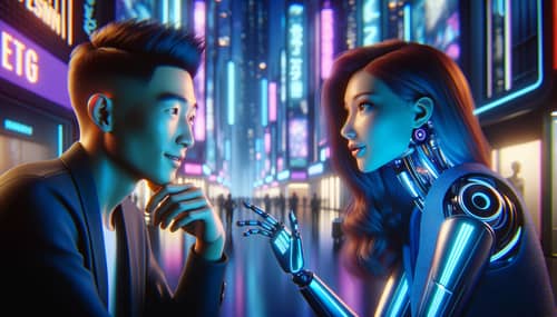 Futuristic Sci-Fi Chatbot Interaction in Cyberpunk Setting