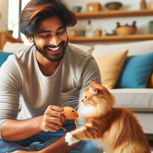 South Asian Man Playing with Ginger Cat in Cozy Living Room