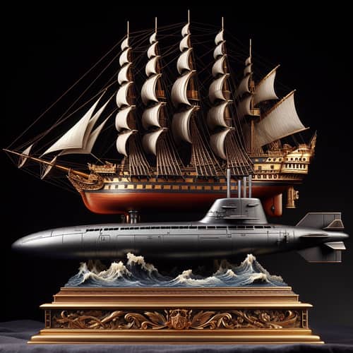 Ship and Submarine Trophy Sculpture - Nautical Battlefield Artwork