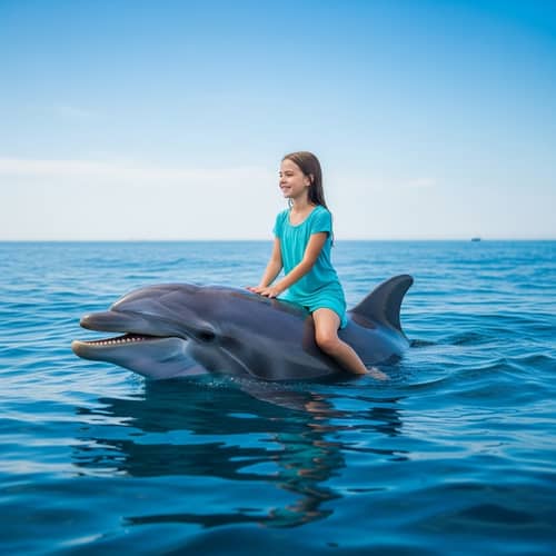 Daughter Riding a Dolphin in the Sea