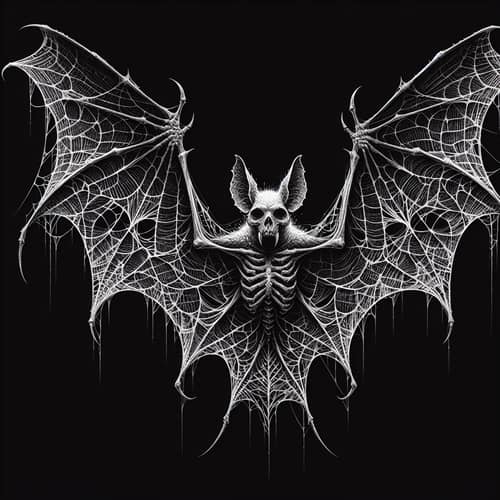 Horror-Style Black and White Bat with Spider Web Wings