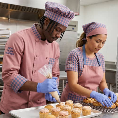 Stylish Pastry Chef Uniforms in Pink and Blue Stylish Pastry Chef Uniforms in Pink and Blue