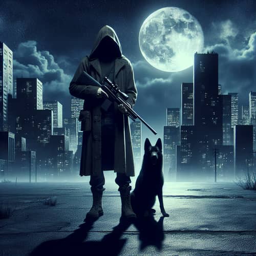 Dystopian City Hunter with Rifle and Dog - Night Scene