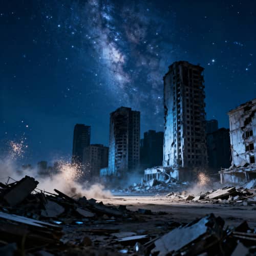 Ruined City Nightscape: A Starry Panoramic View Ruined City Nightscape: A Starry Panoramic View