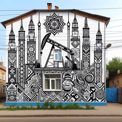 Ingush Ornament & Oil Production Mural on Five-Story Building