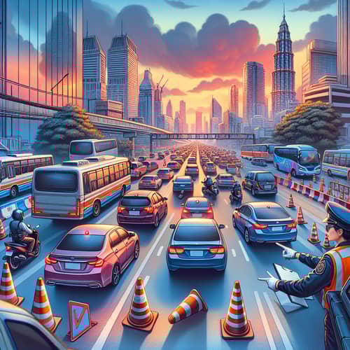 Busy City Scene with Traffic Officers at Rush Hour