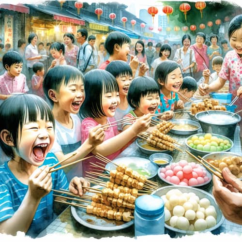 Joyful Children Enjoying Tanghulu: Documentary Watercolor Painting