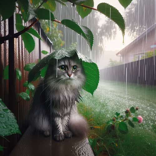 Domestic Cat Seeking Shelter Under MakeShift Canopy in Rain