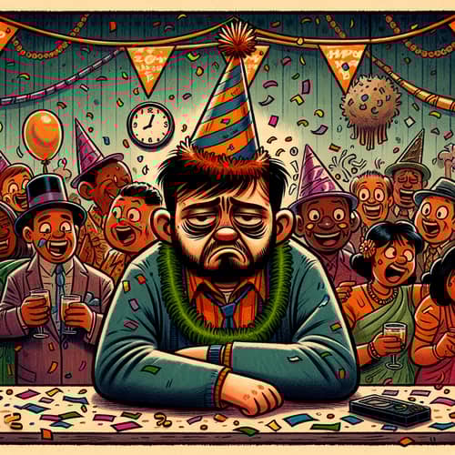 Humorous New Year Celebration Illustration with Deflated South Asian Character
