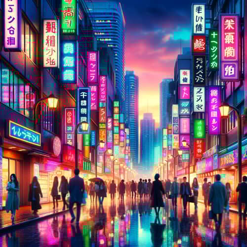 Bustling Street at Dusk: Neon Lights & Diverse Crowds