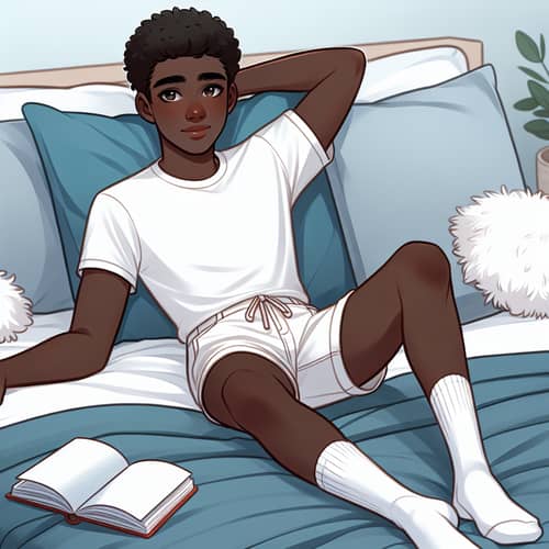 Black Teenager Relaxing on Bed | Soft Blue Blanket & Book