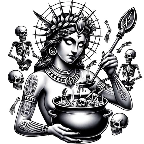 Goddess Tattoo: Unique Art with Skeleton Pot & Harley Davidson Necklace