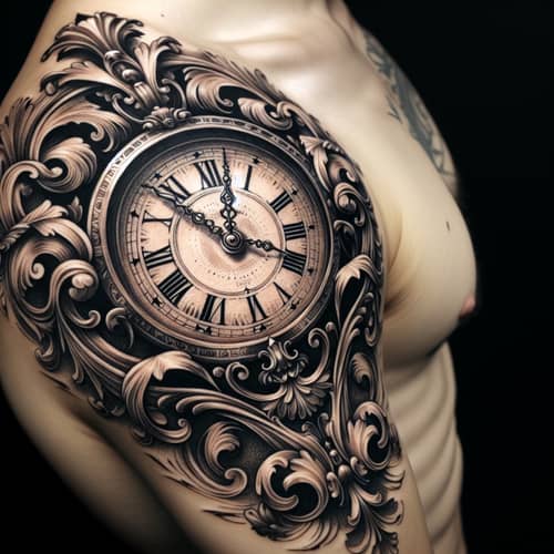 Intricately Designed Timepiece Tattoo with Baroque Elements