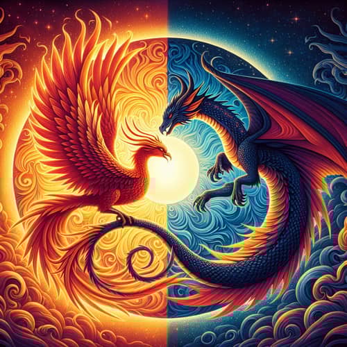 Phoenix and Dragon Embracing - Mythical Unity Symbol