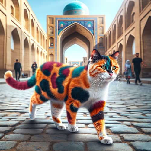 Three-Colored Street Cat Walking in Tashkent | Cute Cat Image