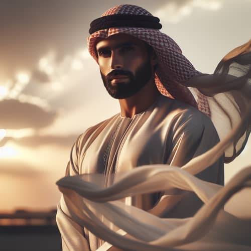 Arabian Man Poised Against a Sunset in Traditional Garb