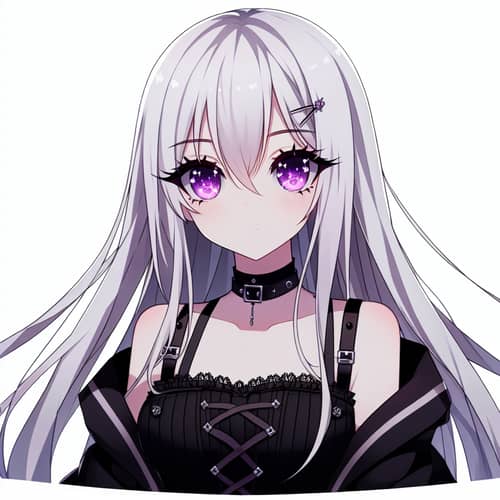 Anime-Style Female Character with Long White Hair and Purple Eyes