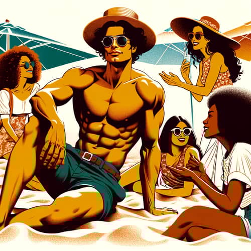 Summer Beach Vibes: Fit Hispanic Man with Six-Pack Abs Surrounded by Diverse Women