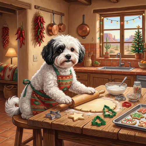 Dog Baking Christmas Cookies in Southwest Kitchen