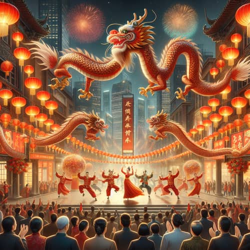 Year of the Dragon Celebration: Festive Dragon Dance in Urban Landscape
