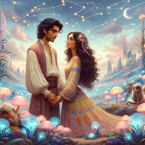 Enchanting Image of Diverse Couple in Otherworldly Landscape