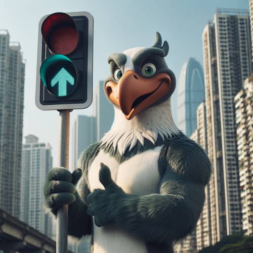 Tall Anthropomorphic Bird in Urban Cityscape with Traffic Signal