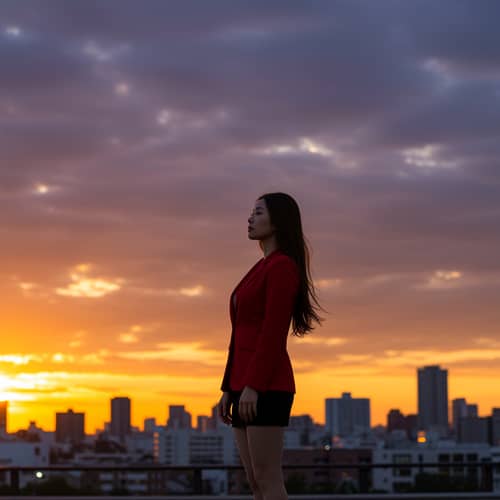 Japanese Woman in Red Suit at Sunset