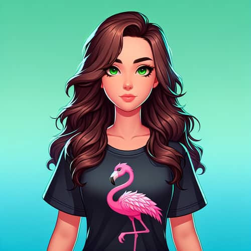 Gamer Girl with Swarthy Skin and Flamingo T-Shirt