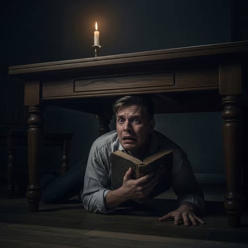 Terrified Man Hiding Under a Table in Dark Room