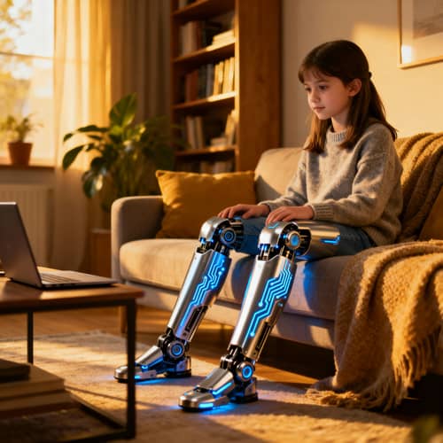 Young Girl with Cyborg Legs at Home Young Girl with Cyborg Legs at Home