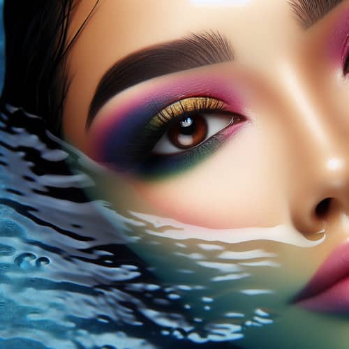 Woman with Submerged Face and Vibrant Eyeshadow in Water