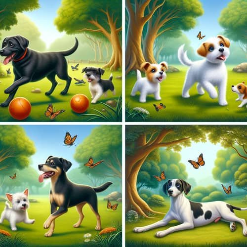 Playful Scene of Diverse Dogs in Lush Green Park