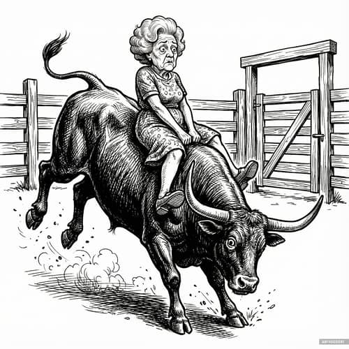 Elderly Lady on a Bucking Bull Cartoon
