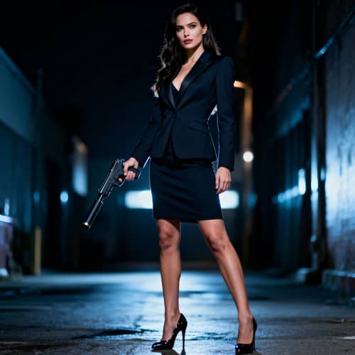 Stylish Hitwoman with Pistol - Full Body Photo