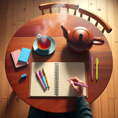 Cherry Wood Table Setting with Journal and Tea | Tranquil Scene