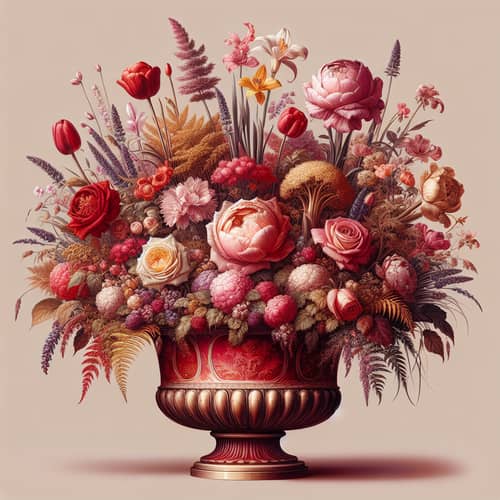 Exquisite Red and Gold Vase with Floral Arrangement