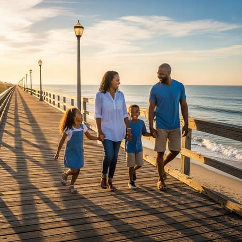 Happy Family Stroll on Ocean Boardwalk
