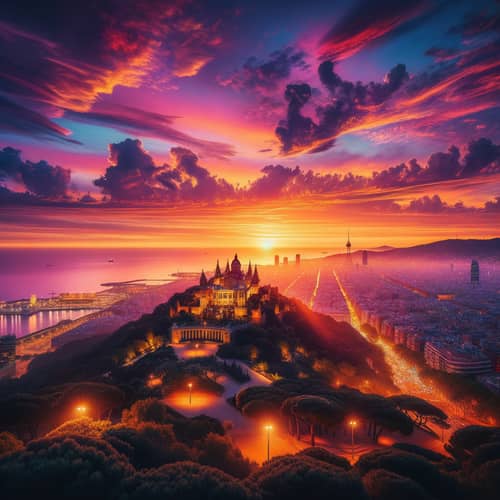 Breathtaking Sunset Over Montjuic, Barcelona - Enchanting Views
