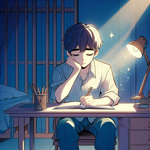 Self-Reflection and Growth: Introspective Boy in Anime Scene