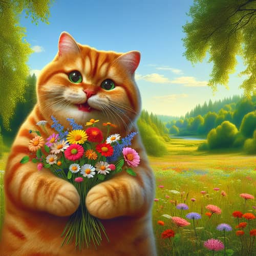 Cheerful Red-Haired Chubby Cat with Bouquet of Flowers | Nature Scene