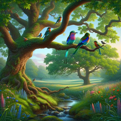 Vivid Azure Bird on Oak Tree in Serene Setting