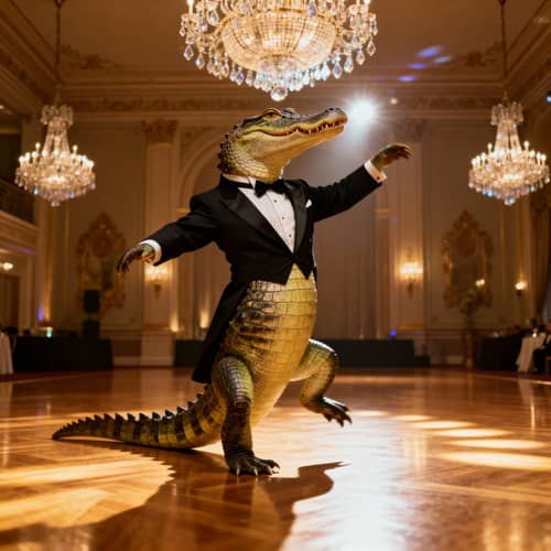Elegant Alligator Dancing in a Grand Ballroom