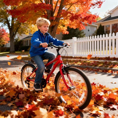 Blond Boy Biking Through Leaves on a Sunny October Day Blond Boy Biking Through Leaves on a Sunny October Day
