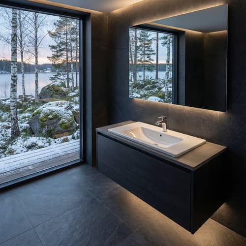 Modern Dark Bathroom Design with Washbasin & Faucet