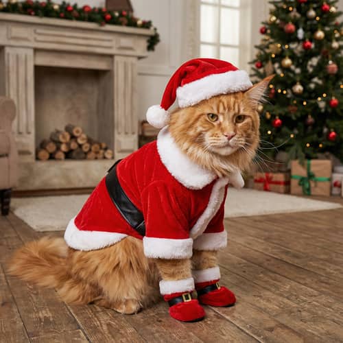 Orange Maine Coon Cat in Full Santa Suit Orange Maine Coon Cat in Full Santa Suit