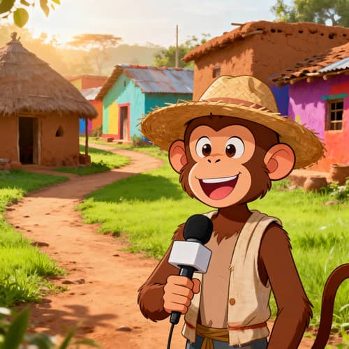 Cheerful Cartoon Monkey Reporter in a Rustic Village Cheerful Cartoon Monkey Reporter in a Rustic Village