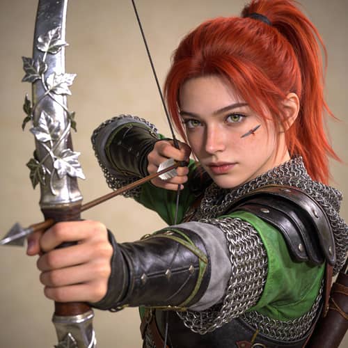 Vibrant Young Fighter with Silver Bow and Red Hair