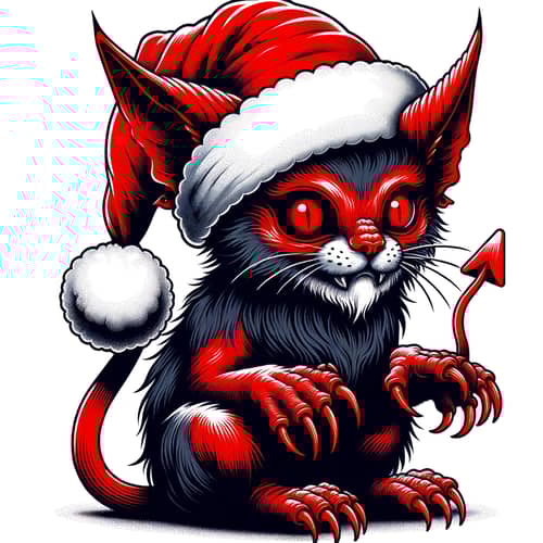 Festive Cat-like Demon with Red Eyes and Santa's Hat