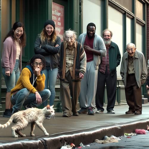 Diverse Group on City Street Amused by Thin Cat Scene