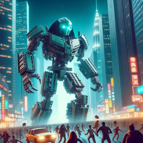 Robotic Figure Causing Havoc in Busy City | Bionicle-like Robot